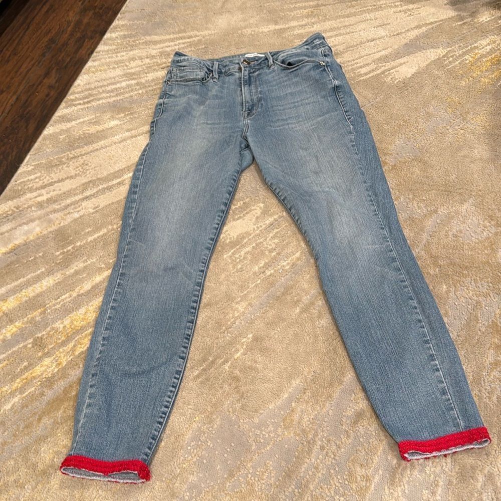 Good American good legs jeans size 10/30 GUC light wash red detail‎ on hem